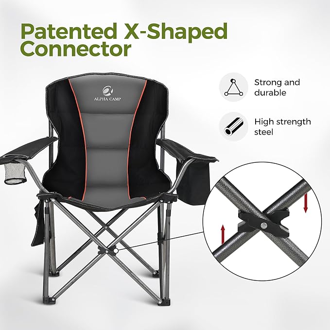 ALPHA CAMP Heavy Duty Camping Chair 500LBS Capacity, Oversized Folding Chair for Heavy People, Padded Portable Outdoor Chair with Cooler Bag & Cup Holder for Camping, Fishing, Beach
