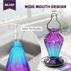 Glass Hummingbird Feeder for Outdoors Hanging, 25Oz Humming Bird Nectar Feeder, Perch, 5 Flower Feeding Ports, Leak Proof Base, Hook for Outside Garden Backyaard, Gift for Women, Diamond Purple