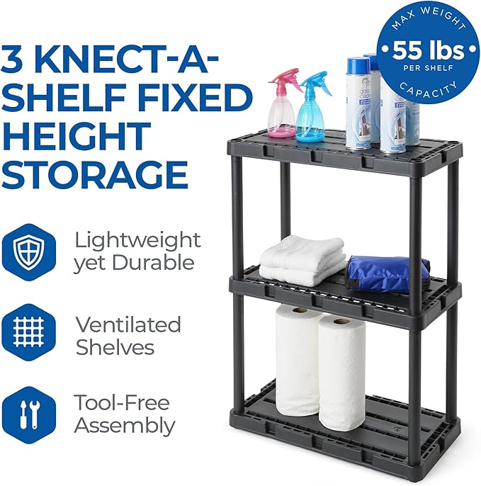 Gracious Living 4 Pack Light Duty Storage Shelves, Knect-A-Shelf 3-Shelf Ventilated Shelving Rack Organizer for Home, Garage, Basement, Laundry, Black