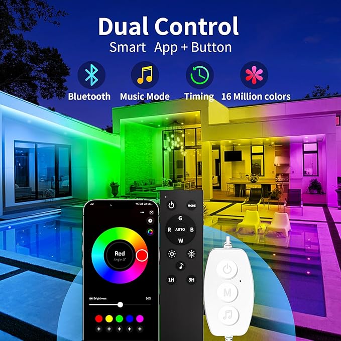 KSIPZE 50ft Outdoor led Strip Lights Waterproof IP68, RGB Outdoor led Lights with Button & Bluetooth App Control, Music Sync, Timer, Exterior Led Rope Lights for Decor Balcony, Roof, Garden, Pool