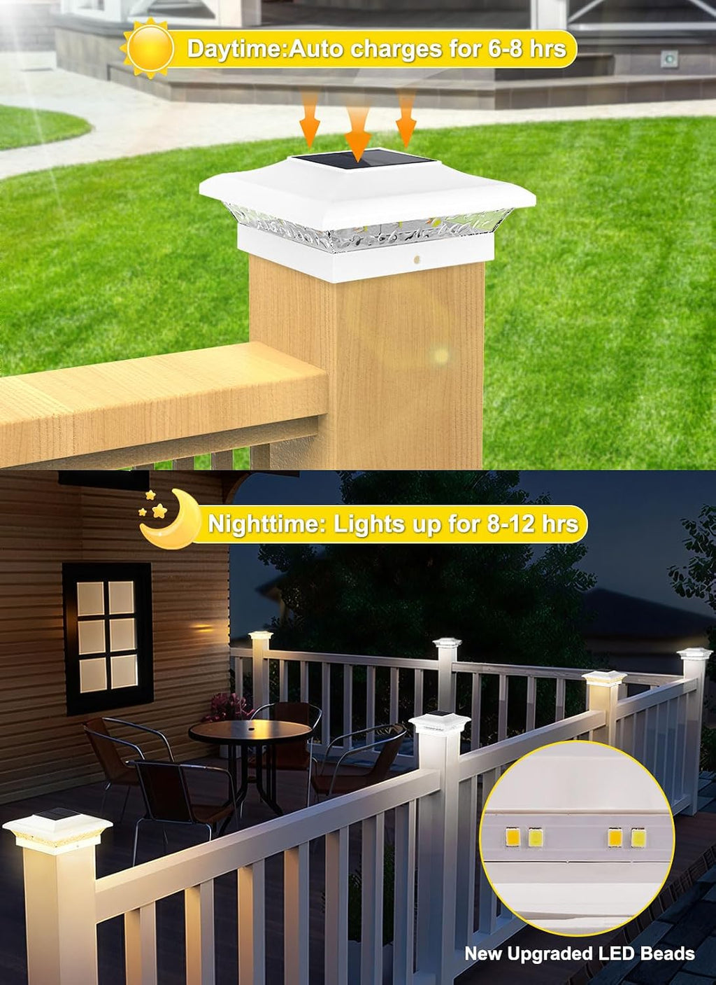 T-SUN 4x4 Solar Post Cap Light White, 6 Pack Solar Post Lights 3000K/6000K | Fit for 4x4 Vinyl Wooden Post, Waterproof Solar Post Cap Lights with Warm & Cool White, for Deck Garden Patio Yard Lighting