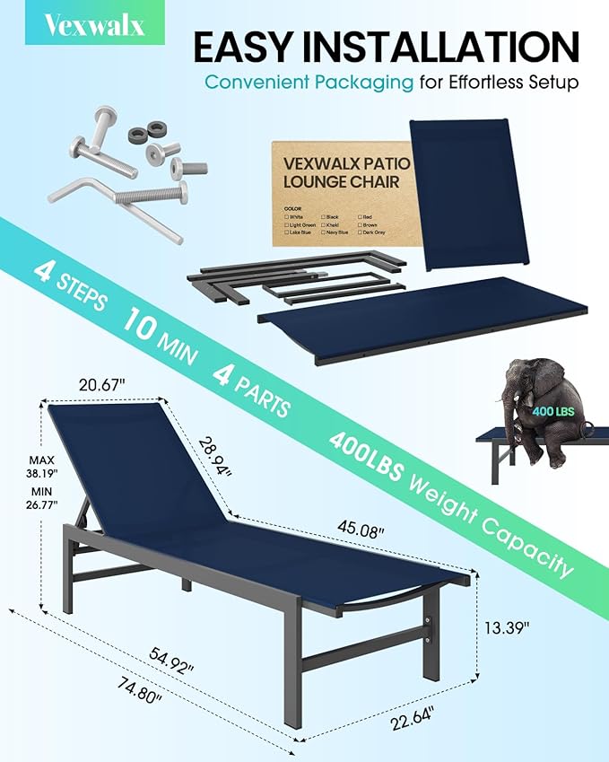 Outdoor Lounge Chairs Set of 2, Aluminum Patio Chaise Lounge Chairs with 5-Position Recliner, Pool Lounge Chairs for Backyard, Poolside, Deck, Lawn (Navyblue)