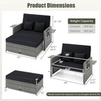 LDAILY Moccha Outdoor Daybed, Wicker Loveseat Sofa Set with 4-Postion Adjustable Backrest, Storage Ottoman, Cushions, Rattan Double Bed Lounger, Patio Furniture Set (Mixed Gray+Black)