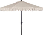 SAFAVIEH 9ft Outdoor Patio Umbrella, Round, Valance, Beige & White Trim, Auto Crank Tilt, UV Resistant for Deck, Backyard, Poolside (PAT8006C)