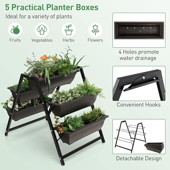 Giantex Vertical Raised Garden Bed, 5 Planter Boxes Container w/Drainage Holes, 31”H Freestanding Heavy-Duty Metal Frame, Indoor Outdoor Raised Bed for Vegetables Herbs Flowers to Grow