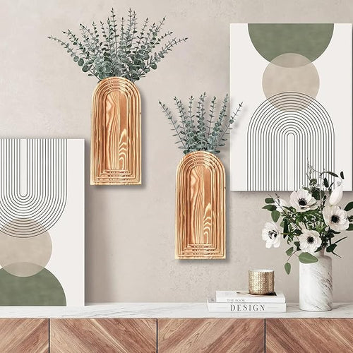 2 Pack Wooden Wall Vase Set - Brown Finish Modern Farmhouse & Boho Wall Decor for Entryway, Hallway, Bathroom, Living Room, Dining Room, Narrow Spaces