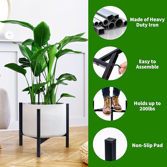 Airpark Plant Stand Indoor Adjustable, Metal Modern Plant Stand, Heavy Duty Stable Plant, Fit 8-12 inch Pots, Number of Items-2, Color-Black (Pot & Plant Not Included)