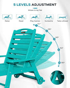 Outdoor Lounge Chair Set of 4, All Weather Patio Chaise Lounge Chair for Outside, HDPE Chair with Rolling Wheels & Cup Holder, 5 Position, Deck, Pool, Lake Blue