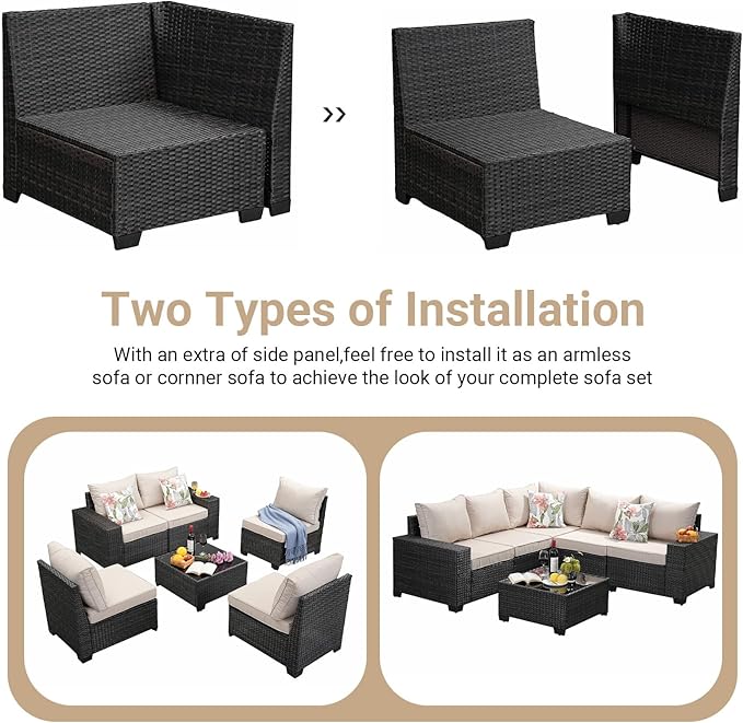 Jing's Villa 8-Piece Patio Furniture Set, All-Weather Outdoor Wicker Sectional Sofa with Cushions, Glass Table & Left and Right Armrest, Rattan Conversation Seating for Porch, Garden, Backyard,Beige