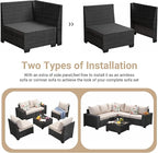 Jing's Villa 8-Piece Patio Furniture Set, All-Weather Outdoor Wicker Sectional Sofa with Cushions, Glass Table & Left and Right Armrest, Rattan Conversation Seating for Porch, Garden, Backyard,Beige