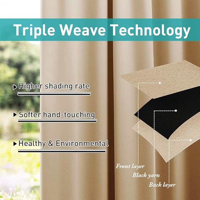 NICETOWN 2 Panels Detachable Sticky Tab Top Thick Outdoor Curtains for Patio Waterproof, W52 x L108, Triple Weave Sun Block Wind Prevention, Thick Enough Protect You from Sun/Rain, Biscotti Beige