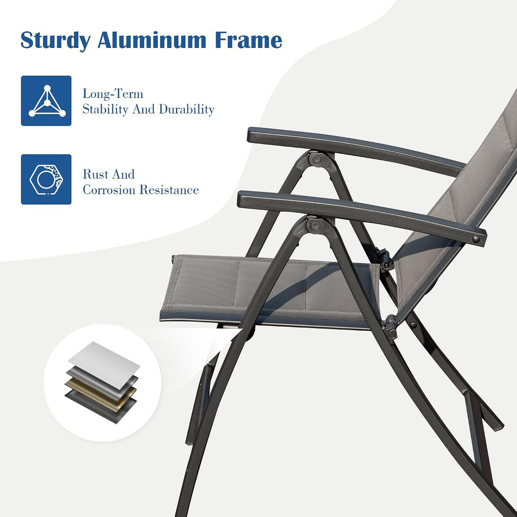 Domi Patio Folding Chairs Set of 2, Outdoor Reclining Chairs Set with Moveable Headrest, Aluminum Frame Outdoor Portable Chairs with Adjustable High Backrest and Padded Textilene Fabric Seat