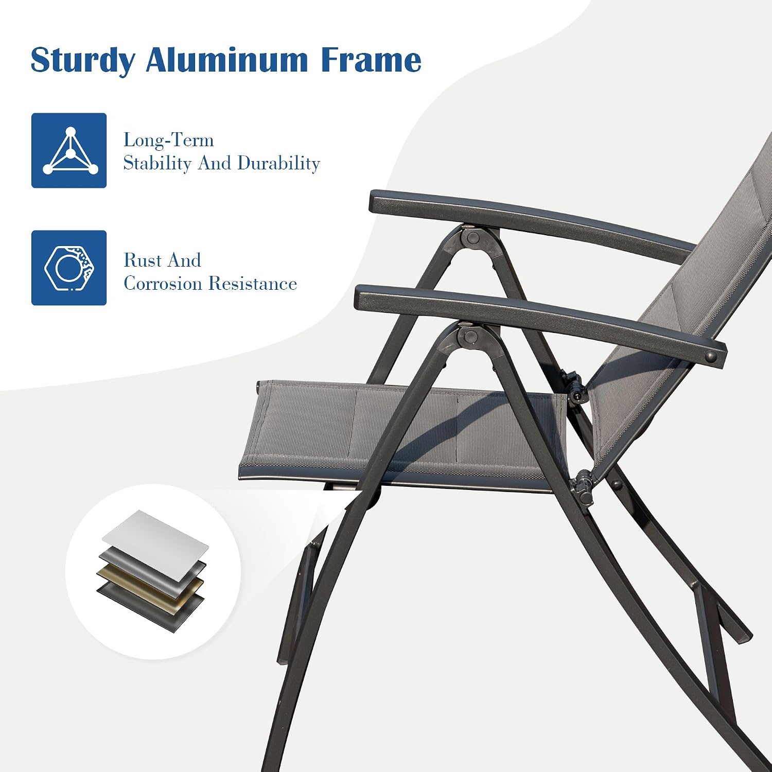 Domi Patio Folding Chairs Set of 2, Outdoor Reclining Chairs Set with Moveable Headrest, Aluminum Frame Outdoor Portable Chairs with Adjustable High Backrest and Padded Textilene Fabric Seat