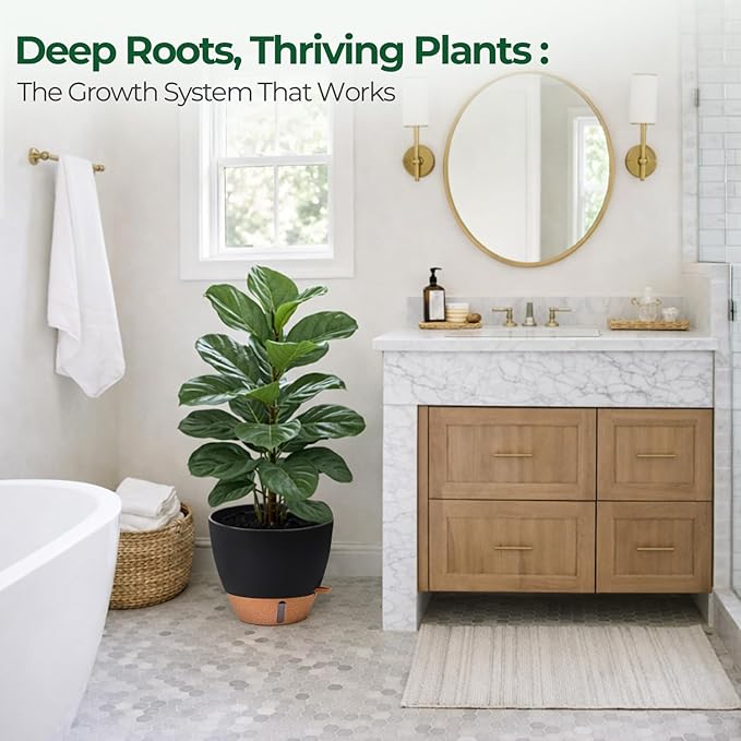 T4U 12 Inch Self Watering Pot - Water Level Indicator & Deep Reservoir, Mess-Free Planter for Busy People, Beginners & Gardeners, Fit Rubber Tree/Fiddle Leaf Fig Plants, Indoor Outdoor Use (Black)