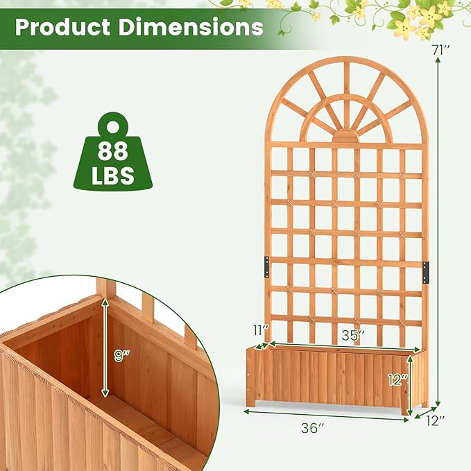 Giantex Wooden Raised Garden Bed with Arched Trellis, 71” Fir Wood Outdoor Elevated Planter Box Privacy Screen with Drainage Holes, Vertical Garden Bed for Climbing Plants, Patio Balcony Backyard