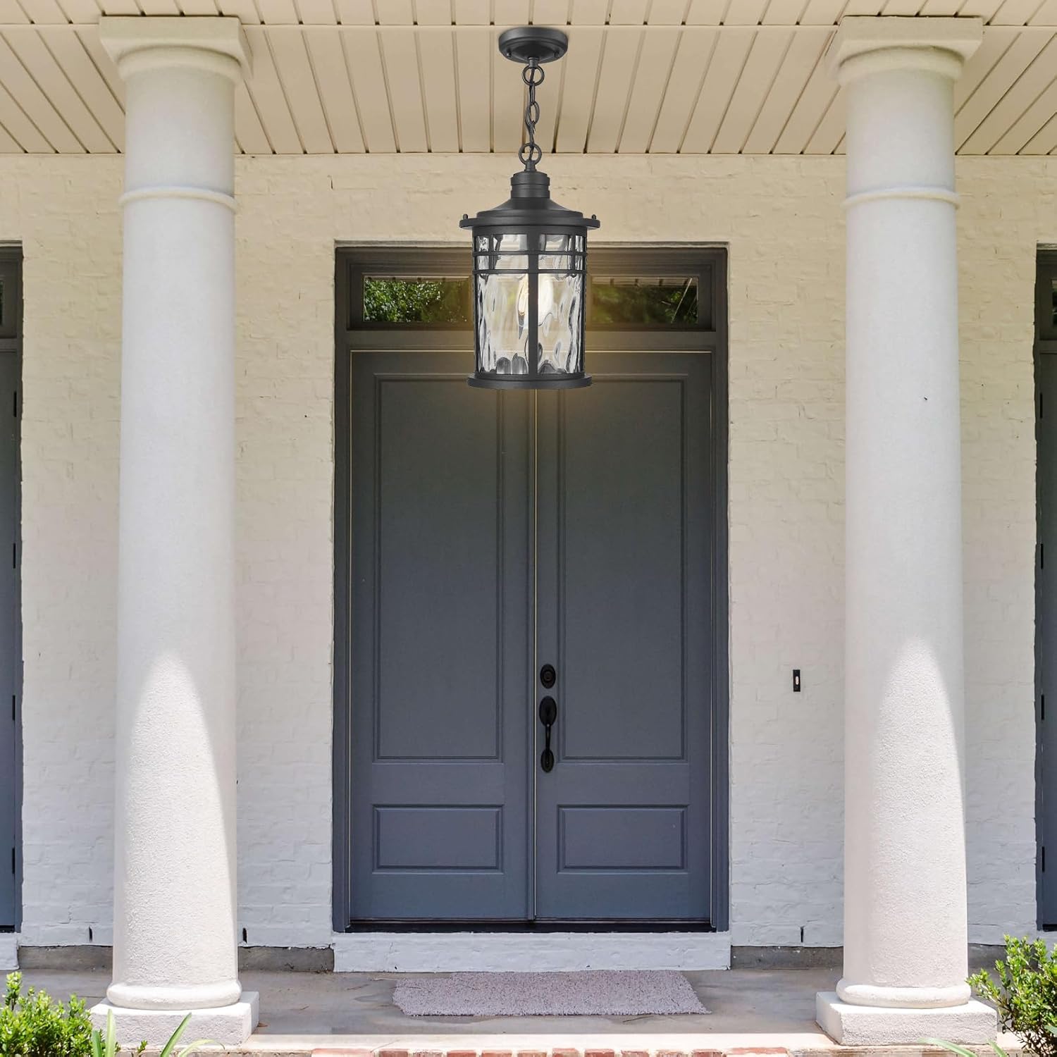 Darkaway Large Outdoor Pendant Lights for Porch, 15inch Outdoor Chandelier Hanging Porch Lights Outside Ceiling Mount Aluminum with Water Ripple Glass for Front Porch Gazebo Patio