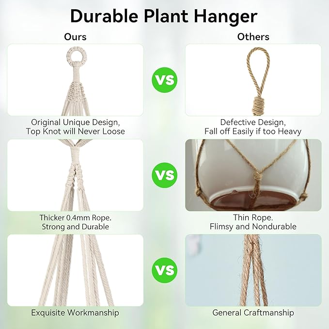 USLAI Macrame Plant Hanger Indoor Outdoor, Fits 4 to 8 Inch Pots, Strong Hanging Planter Holder, Boho Home Decor, 49+72 Inch, Ivory (POTS NOT Included)