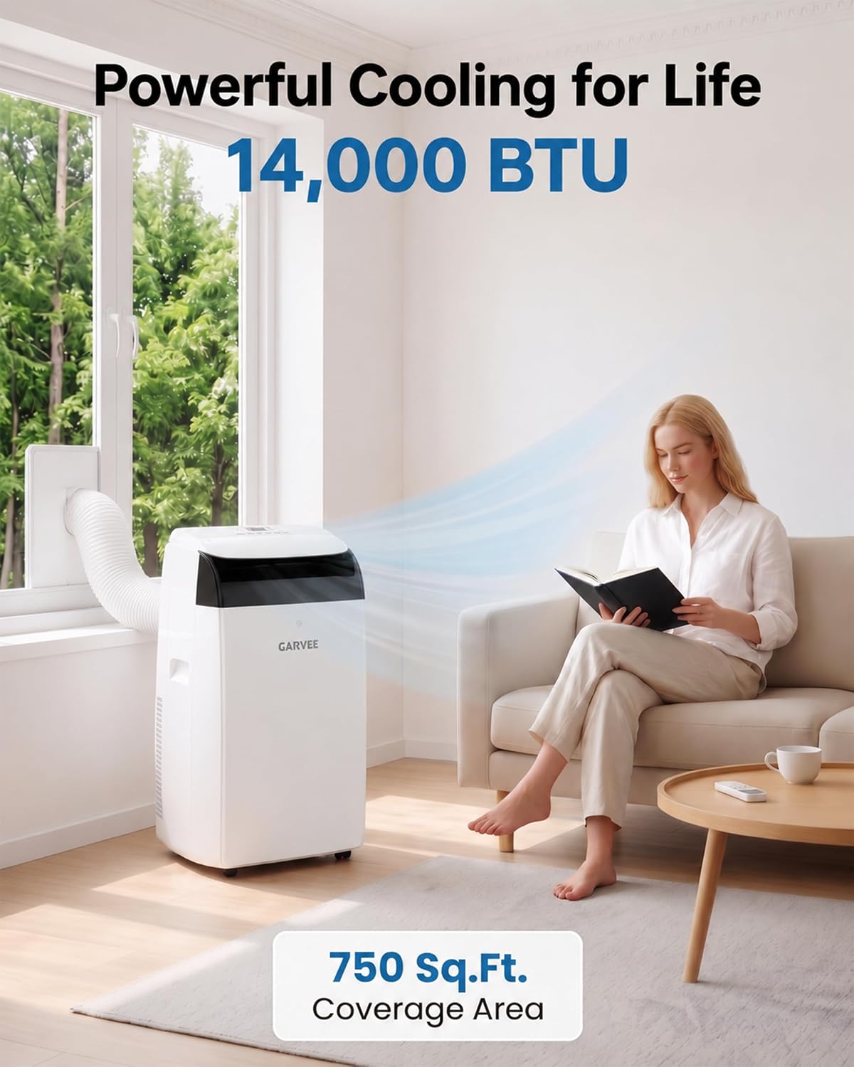 garvee 14000 btu portable ac with black top, front angle view