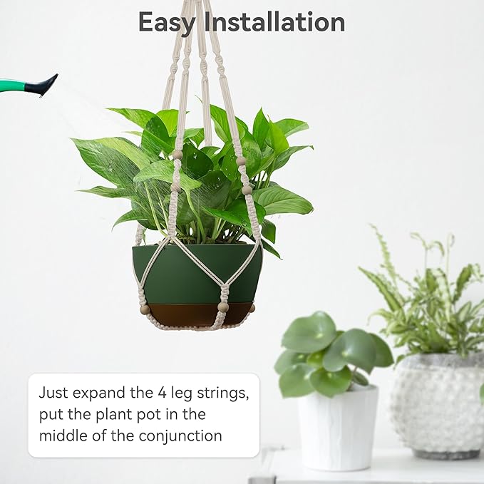 USLAI Macrame Plant Hanger Indoor Outdoor, Fits 4 to 15 Inch Pots, Strong Hanging Planter Holder, Boho Home Decor, 35 Inch, Ivory, Set of 2 (POTS NOT Included)