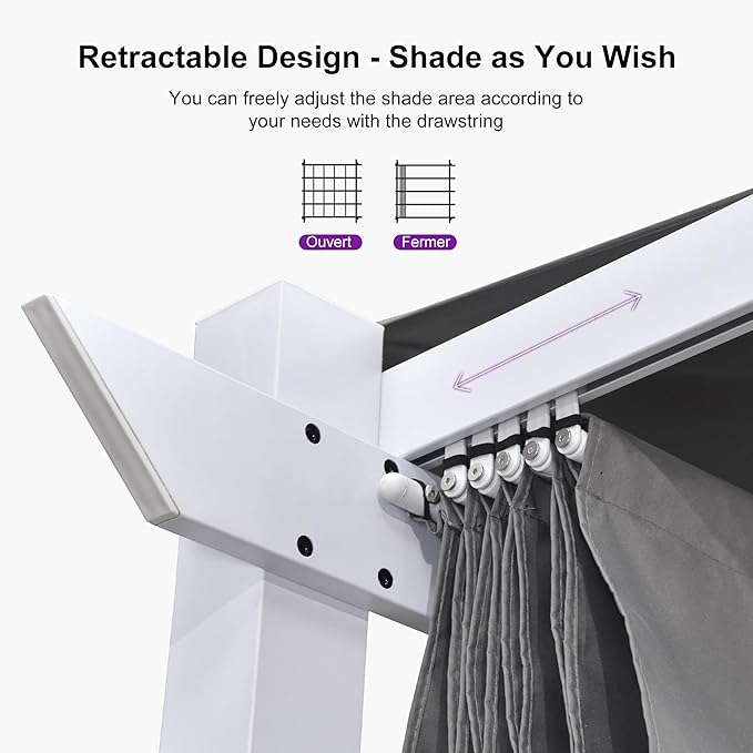 PURPLE LEAF 10' x 13' Outdoor Retractable Pergola with Light Aluminum Patio White Pergolas with Double Sun Shade Canopy for Gardens Deck Backyard, Grey