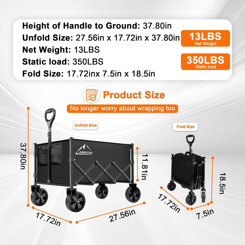 amnow 100l collapsible wagon cart with all terrain, front angle view