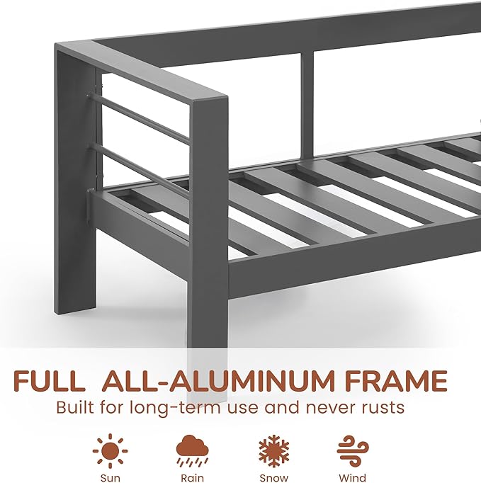 Solaste Aluminum Patio Furniture Set with 55" Fire Pit Table, 7 Seats Metal Outdoor Furniture with Water-Resistant Cushions, Modern Patio Conversation Set for Balcony, Front Porch, and Backyard, Grey