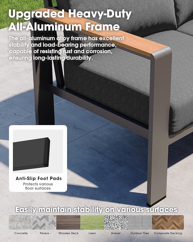 Aluminum Outdoor Patio Furniture 3 Seats, All-Weather Outdoor Patio Sofa with Washable Thick Cushion, Morden Patio Couch for Porch, Balcony, Deck, Yard, Graphite