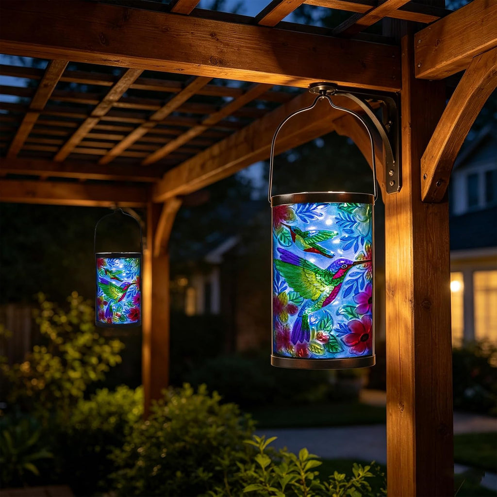 Hummingbird Solar Lantern, Hanging Glass Outdoor Garden Light | Raised hummingbird artwork, colorful fused glass, warm dusk glow, solar auto on/off, hang or stand on patio, porch and garden
