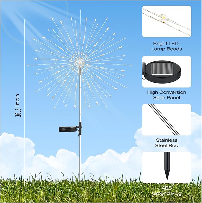 Garden Decor Solar Lights Outdoor,155LED 8 lighting modes pole light Waterproof Warm White Solar Garden Lights for Christmas, Halloween Decoration,Yard, Patio, Porch,Flower Pot,Pathway (2Pack)