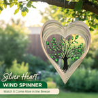 ISEO Silver Heart Wind Spinner Outdoor, 12 Inch Tree of Life Hanging Garden Decor, 3D Metal Yard Art for Porch Patio Balcony, Gift for Women Mom Grandma