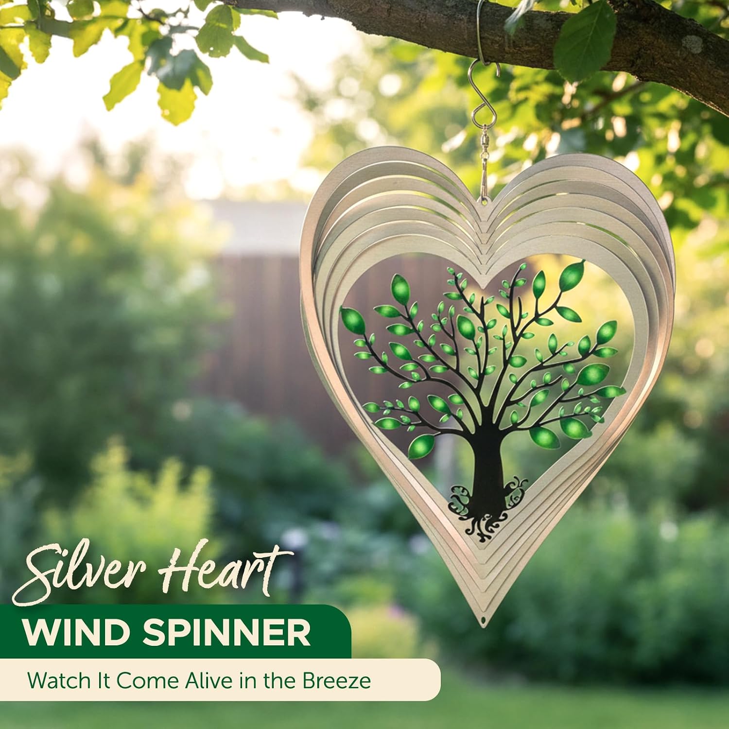 ISEO Silver Heart Wind Spinner Outdoor, 12 Inch Tree of Life Hanging Garden Decor, 3D Metal Yard Art for Porch Patio Balcony, Gift for Women Mom Grandma
