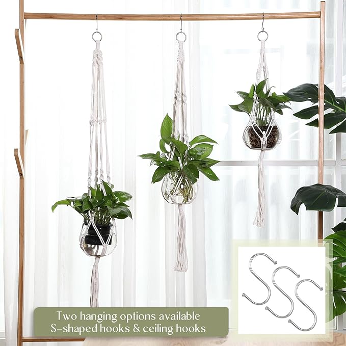6 Pcs Boho Macrame Plant Hanger with Small Plastic Pot Hanging Plant Holder Wall Planter Propagation Station Include Hooks Kit for Indoor Home Garden Office Decor 3 Size (White)