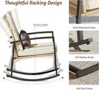 3 Piece Patio Rocking Chairs Set of 2, Outdoor Rocking Chair Bistro Set with Tempered Glass Coffee Table and Thick Lumbar Pillow Set, Front Porch Chairs for Garden, Backyard (Basic)