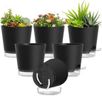 Plant Pots 4 Inch Self Watering Pots,6 Pack Plastic Planters with Drainage Holes and Clear Saucers,Plastic Flower Pots,Nursery Planting Pot for Indoor Out Door Plants (Black, 4 inch)