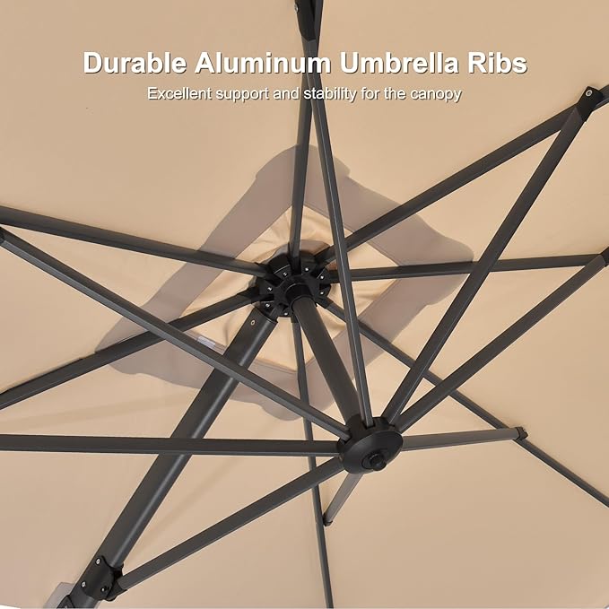 PURPLE LEAF 8' X 8' Patio Umbrella with Wheeled Base for Pool 7' High Offset Outdoor Cantilever Umbrella Swimming Pool Umbrella with 360°Rotation for Poolside Beige