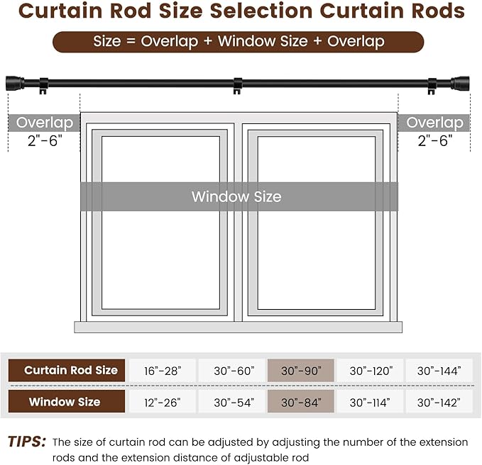 1” Diameter Matte Black Curtain Rod Itself is 30-90 Inch 2 Pack, Fit 30 to 84 Inch Windows with Heavy Duty Adjustable Telescopic Rod，Splicing Metal Extra Long Curtain Rods for Windows