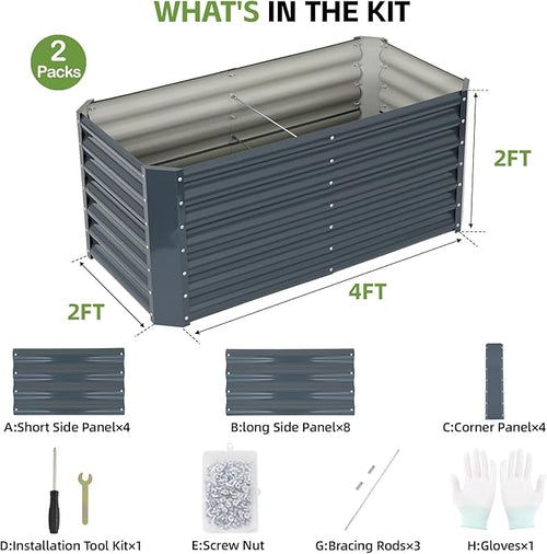 4x2x2ft (2 Pack) Raised Garden Bed - Galvanized Deep Root Planter Boxes Outdoor with Wing Nuts and Safety Edges for Gardening Vegetables, Flowers, Herbs, Succulents - Gray