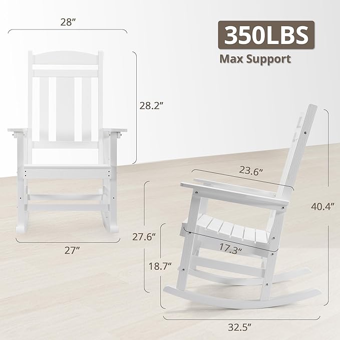 LUE BONA Outdoor Rocking Chairs Set of 2, Weather Resistant HDPS Poly Rocker Chairs, 350lb Heavy Duty, Oversized Porch Rocker for Adult, High Back Smooth Rocking Chair for Outdoor & Indoor, White