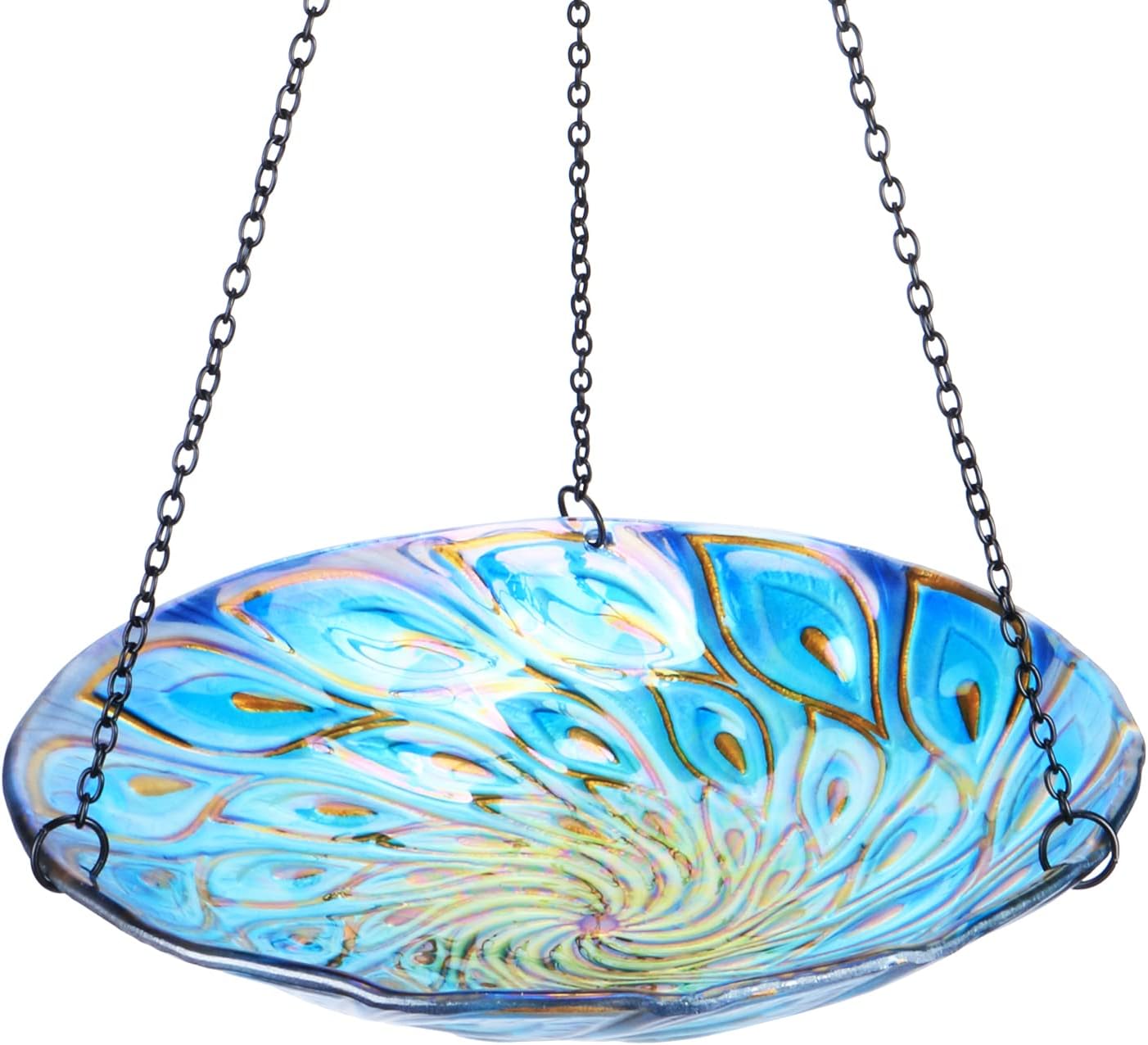 Hanging Glass Bird Bath Peacock Outdoor Birdfeeder Garden Yard Decor | 11-inch Hanging glass bird bath for outdoor bird drinking and bathing creating a beautiful backyard wildlife habitat