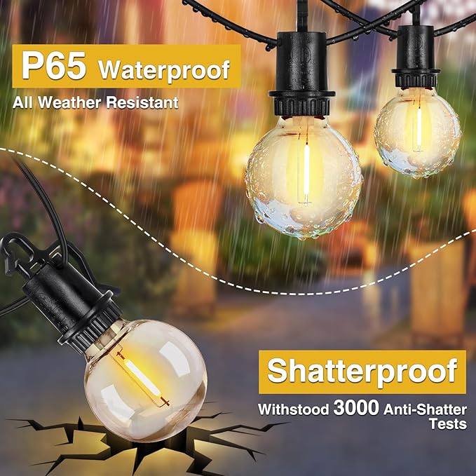ZJOJO 50FT Outdoor String Lights, G40 Globe Outdoor Lights with 25 Shatterproof LED Bulbs 2700K,IP65 Waterproof Patio Light