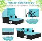Salches Outdoor Daybed, Patio Daybed with Retractable Canopy, High-Resilient Soft Cushions, Foldable Side Trays, Outdoor Bed Loveseat for Garden, Backyard, Porch (Turquoise)