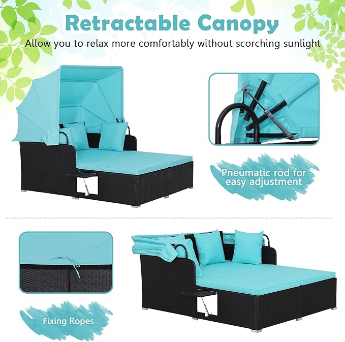 Salches Outdoor Daybed, Patio Daybed with Retractable Canopy, High-Resilient Soft Cushions, Foldable Side Trays, Outdoor Bed Loveseat for Garden, Backyard, Porch (Turquoise)