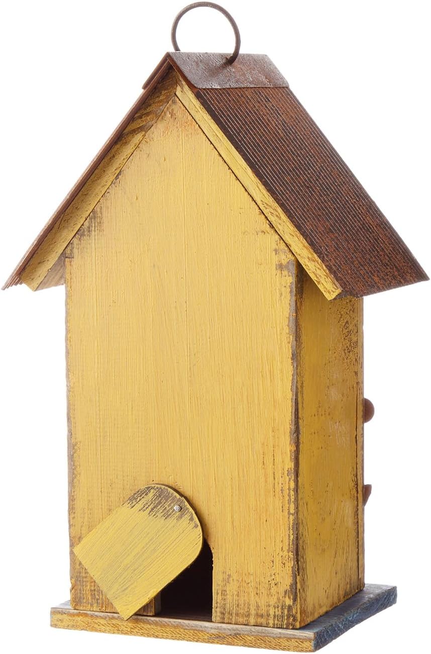 Glitzhome Bird Houses for Outside, 10.2" H Hanging Bird House for Outdoor Patio Garden Decorative Birdhouse Pet Cottage Distressed Wooden Birdhouse for Swallow Sparrow Finch Cardinals, Yellow Flower