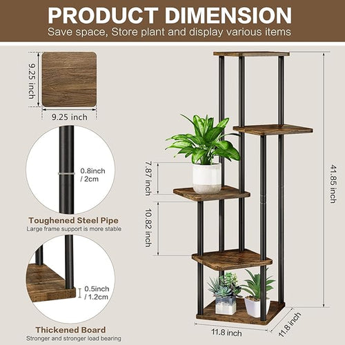 5 Tier Plant Stand Indoor, Thickened Metal Wood Corner Plant Shelf Stands for Multiple Plants, Indoor Tall Plants Stand Tiered Flower Holder for Living Room Patio Garden Balcony(Black+Brown)