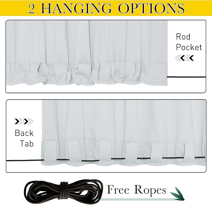 NICETOWN 2 Panels Outdoor Curtains Waterproof Extra Long 95" for Patio, Windproof Top & Bottom Grommet & Back Tab Weighted Blackout Outdoor Drapes with Rope for Fixed, 84" Wide, Greyish White