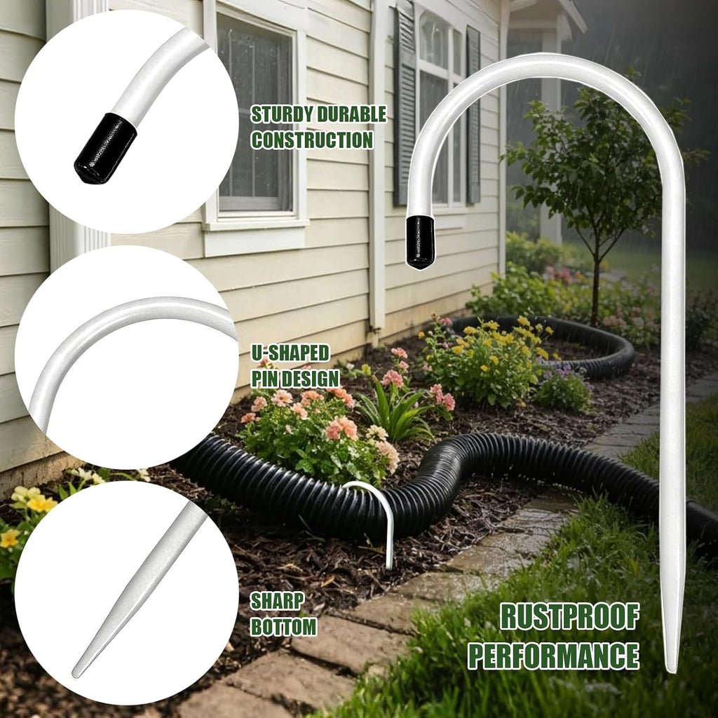 2 Pack Rain Gutter Downspout Extension Fixing Pin for 4" Round Pipes White | U-Shape Downspout Anchor Stake Holds Extension Firmly in Wind & Rain. Diverts Water From Foundation. Easy Adjust. Heavy Iron