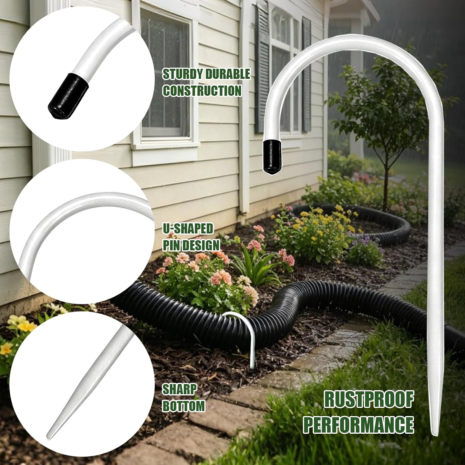 2 Pack Rain Gutter Downspout Extension Fixing Pin for 4" Round Pipes White | U-Shape Downspout Anchor Stake Holds Extension Firmly in Wind & Rain. Diverts Water From Foundation. Easy Adjust. Heavy Iron