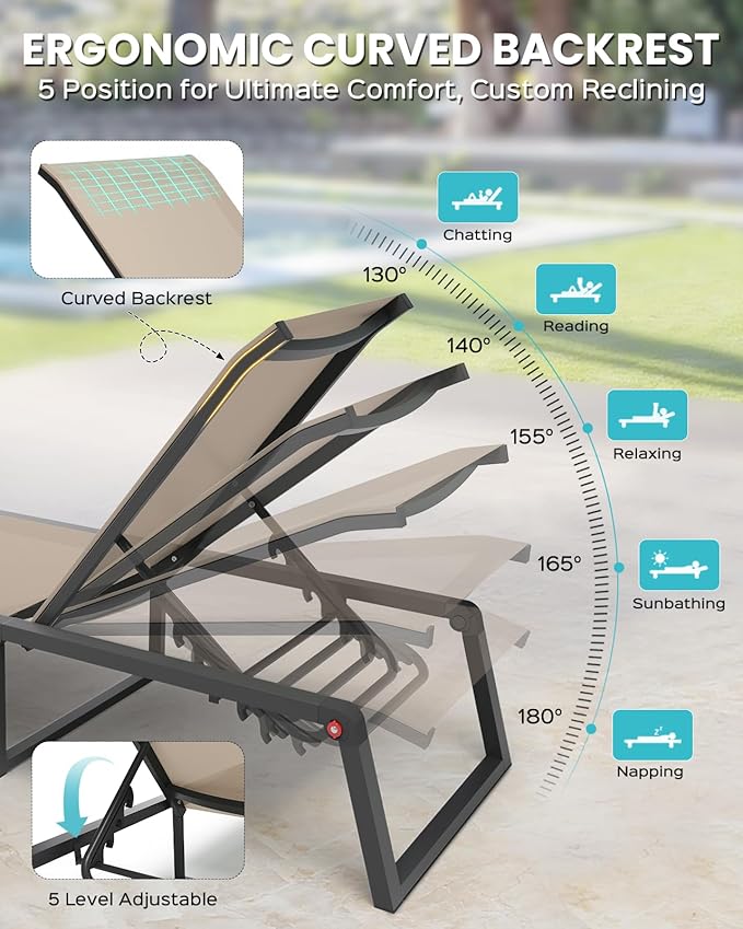 Aluminum Patio Chaise Lounge Set of 2 with 1 Side Table, Foldable Outdoor Pool Lounge Chairs 5-Position Recliner for Outside Poolside, Fully Grounded Legs Sun Lounger for Beach, Yard, Khaki