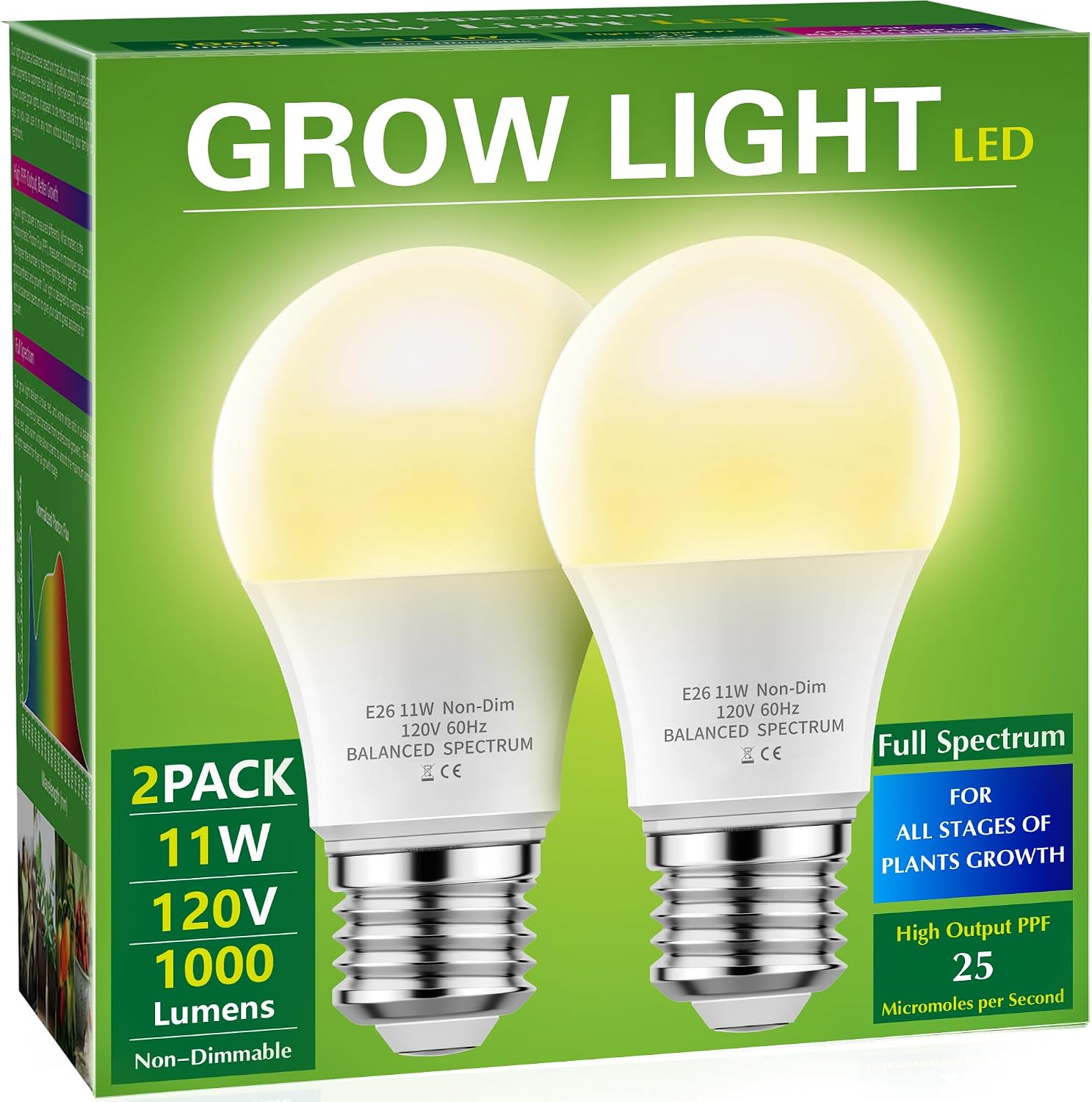 Grow Light Bulbs, LED Grow Light Bulb A19 Bulb, Full Spectrum | Grow Light Bulb, Plant Light Bulbs E26 Base, 11W Grow Bulb 100W Equivalent,Grow Light for Indoor Plants,Seed Starting, 2Pack