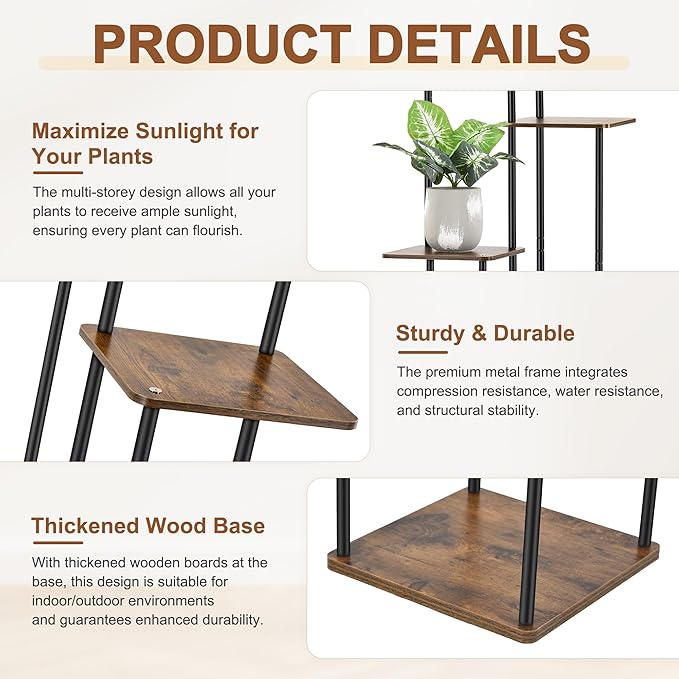 6 Tier Plant Stand Indoor Outdoor, Wood Metal Corner Shelf, Multiple Flower Pot Rack Holder Shelves, Planter Shelf Display Storage Organizer for Patio Living Room Balcony (Black)